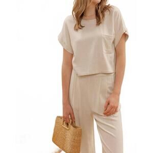 NEW KLD. SIGNATURE linen crop top and pant set in oatmeal